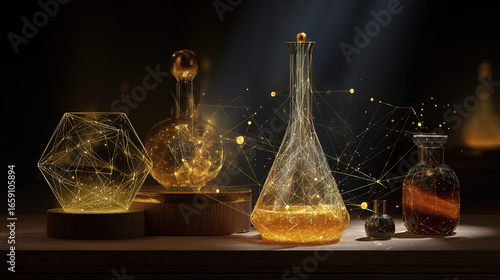 Alchemical still life featuring golden atoms extracted by luminous geometric energy fields, symbolizing transformation.