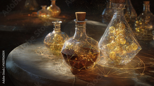 Alchemical still life featuring golden atoms extracted by luminous geometric energy fields, symbolizing transformation.