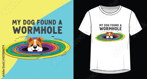 Cute dog peeking out of a colorful wormhole with humorous text about finding a wormhole