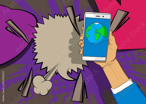 Cartoon Smartphone, comic book Telephone with planet Earth. Retro vector comics pop art design.