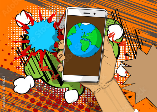 Cartoon Smartphone, comic book Telephone with planet Earth. Retro vector comics pop art design.