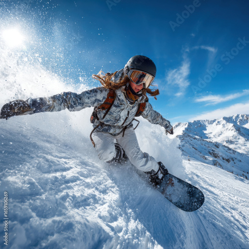 Action shot of a snowboarder carving through snow on a bright sunny day in the mountains, enjoying extreme winter sports.
