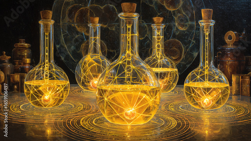 Alchemical still life featuring golden atoms extracted by luminous geometric energy fields, symbolizing transformation.