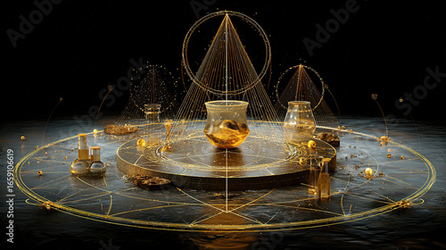 Alchemical still life featuring golden atoms extracted by luminous geometric energy fields, symbolizing transformation.