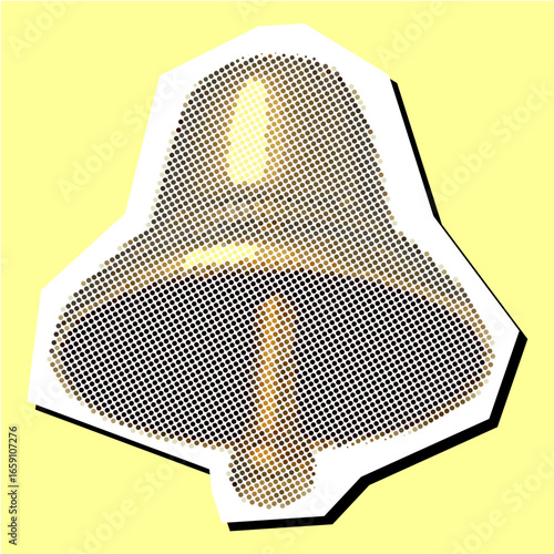Bell halftone dotted collage element pointillize in paper torn vector. This represents notification, alarm, and a call to attention with a fragmented, artistic aesthetic.