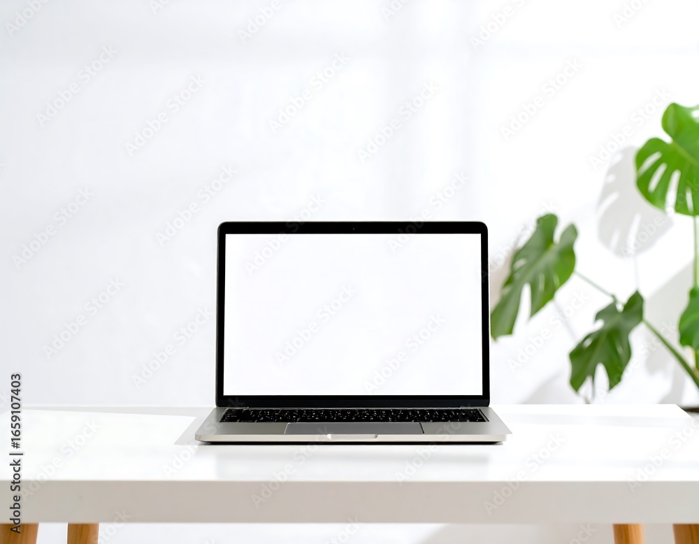 Modern laptop with blank screen ready for your creative design in a clean workspace environment Modern laptop with blank screen ready for your creative design in a clean workspace environment
