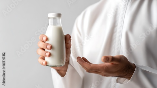 Close Up of a Arabian Man Hands Holding a Bottle of Milk – Suitable for Be Used in Blog Posts, Social Media Posts and Website Content Related to Drinks and Healthy Lifestyle Themes.