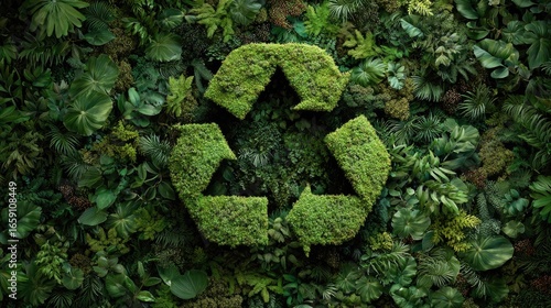 Moss recycle symbol on green wall; eco-friendly concept