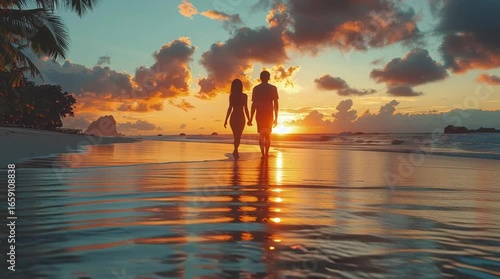 Romantic Beach Stroll at Sunset: A silhouette of a couple on a tropical beach, hand-in-hand, walking towards the horizon during a breathtaking sunset.