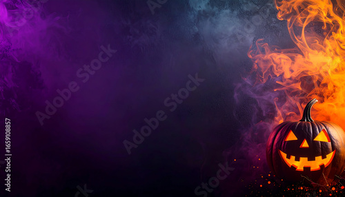 A terrifying Jack O'Lantern glows with infernal fire amidst spectral purple smoke for a spooky Halloween concept.