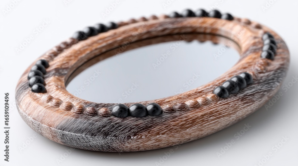 Fototapeta premium Oval mirror with textured wooden frame and black bead embellishments on a white background