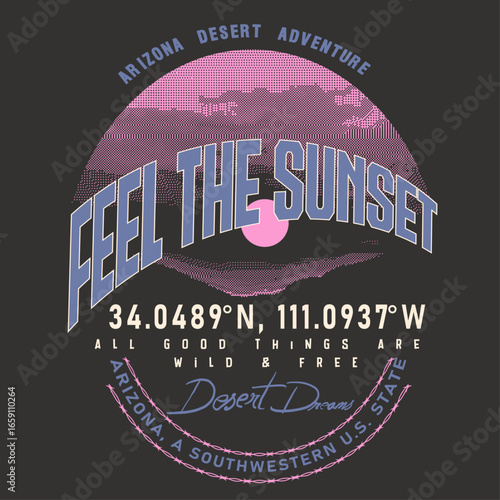 vintage retro summer tee t shirt design. Desert vector graphic.  solid vintage dot texture desert mountain illustration. typography desert poster design. women's girl's print design.