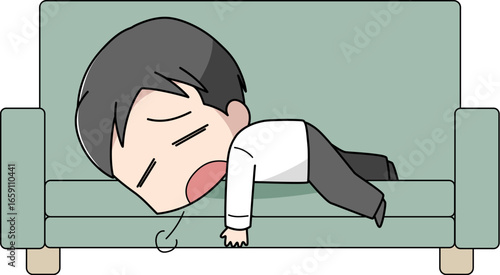 ソファにうつ伏せで横になる疲れたビジネスマン風の男性のイラスト