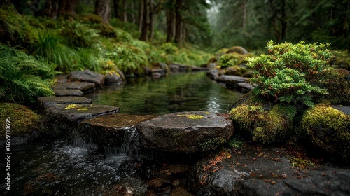 Tranquil forest stream with mossy rocks and stepping stones nature water