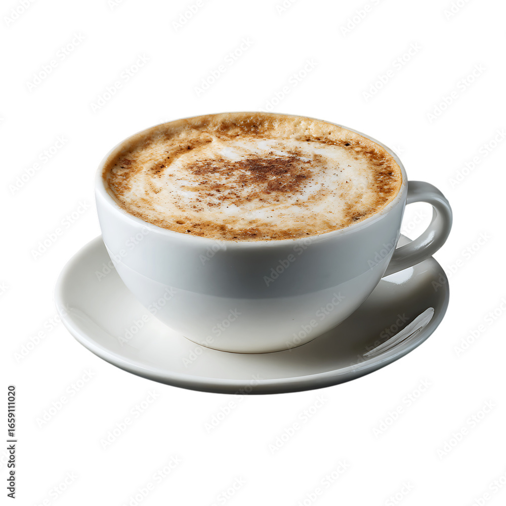 Obraz premium Delicious cappuccino coffee in a white cup and saucer isolated on transparent background