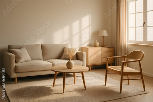 This living room exudes tranquility.  The soft light and warm tones create a soothing ambiance, ideal for unwinding after a long day.  The natural materials enhance the feeling of serenity.