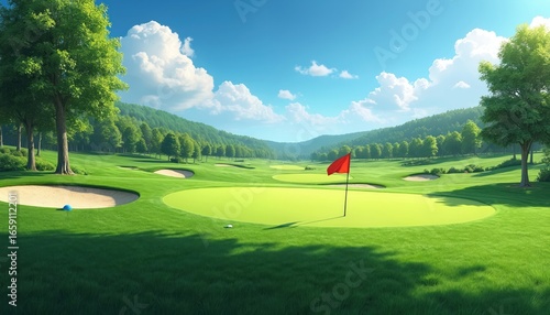 Beautiful golf course landscape under blue sky with fluffy clouds and rich green grass. Sand traps and a flag mark the hole on this serene, vibrant outdoor sports setting, perfect for enthusiasts.