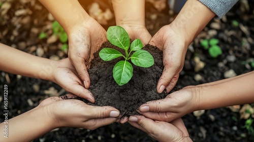 Multiple Hands Protecting Green Plant Seedling Teamwork Environmental Care Community Conservation Collaboration Nature Protection Together