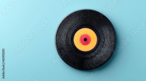 Black vinyl record with yellow and red center on a light blue background close up