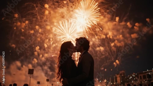 Romantic couple celebrates with dazzling fireworks display in a beautiful city setting at night