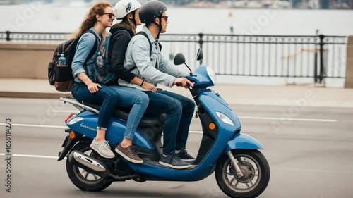 Three friends ride a blue motor scooter along a road