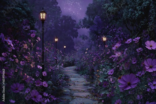 Fototapeta Naklejka Na Ścianę i Meble -  Enchanting twilight garden path lined with glowing lanterns and abundant blooming purple flowers under a starry sky