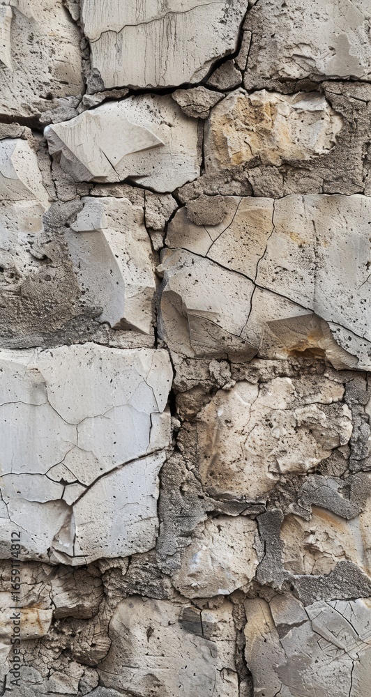 Fototapeta premium Cracked stone wall texture, urban decay, background blur, design element