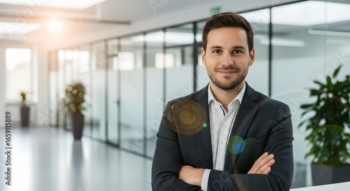 Portrait of successful senior businessman consultant looking at camera and smiling inside modern office building