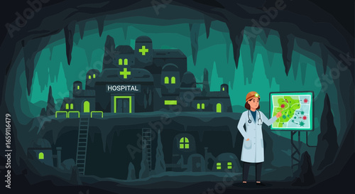 Doctor analyzes disease spread map inside a cavernous hospital complex