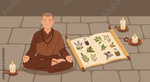 Monk meditating near book of plant remedies, illuminated by candlelight