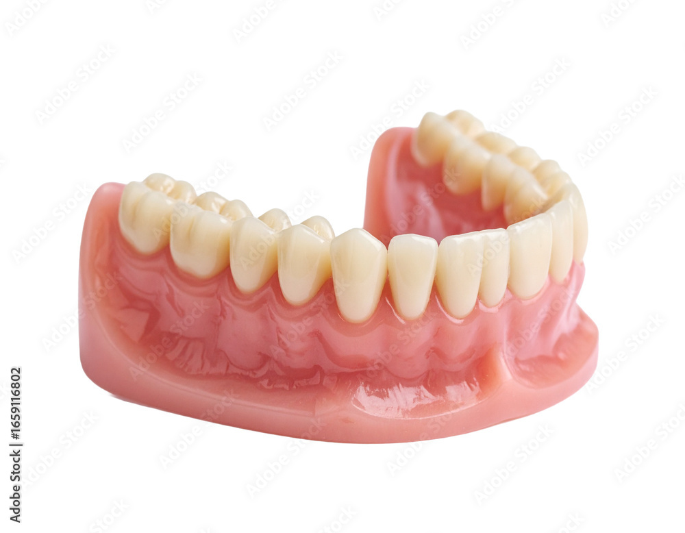 Obraz premium A 3D model of a full set of teeth with a realistic pink gum base, illustrating a healthy dental arch.