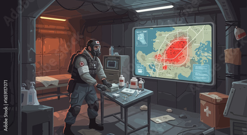 Medical responder in a secure underground base during a pandemic outbreak