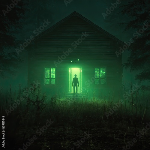 Man at Night's Eerie Cabin, Foggy Forest. Horror Film Poster