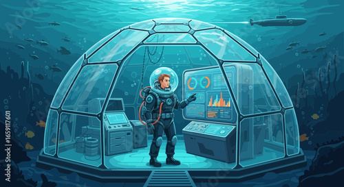 Illustration of Underwater Habitat with Astronaut Examining Data Display