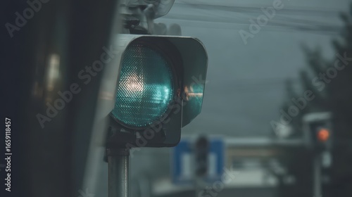 Close-up view of a glowing teal traffic light signal against a muted urban backdrop on a drizzly day.
