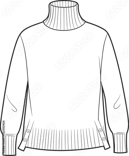 Slika na platnu Black and white line drawing of a ribbed turtleneck sweater with buttons clothin