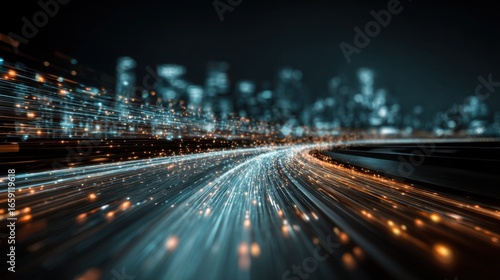 Long exposure shot of a busy city street at night with streaks of light from moving vehicles and illuminated skyscrapers in the background