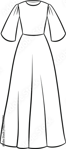Black and white outline drawing of a full length dress with gathered sleeves clothing fashion