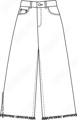 Black and white line drawing of wide leg jeans with frayed hem denim pants