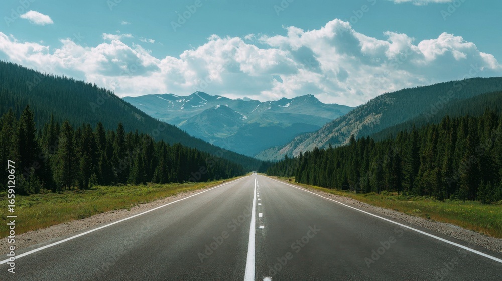 Fototapeta premium Long straight open road stretching through lush green forests towards distant snow-capped mountains under a partly cloudy sky