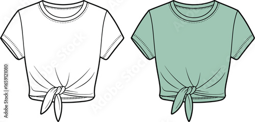 Two cropped t shirts one white outline one mint green with tied knot t-shirt fashion