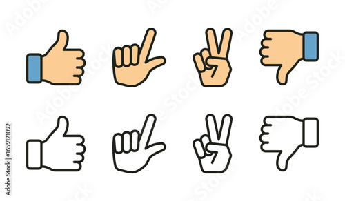 Hand gesture collection of thumbs up dislike love and peace sign flat outline icon