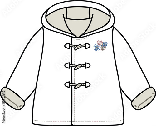 White duffle coat with toggle buttons and floral detail hood winter coat