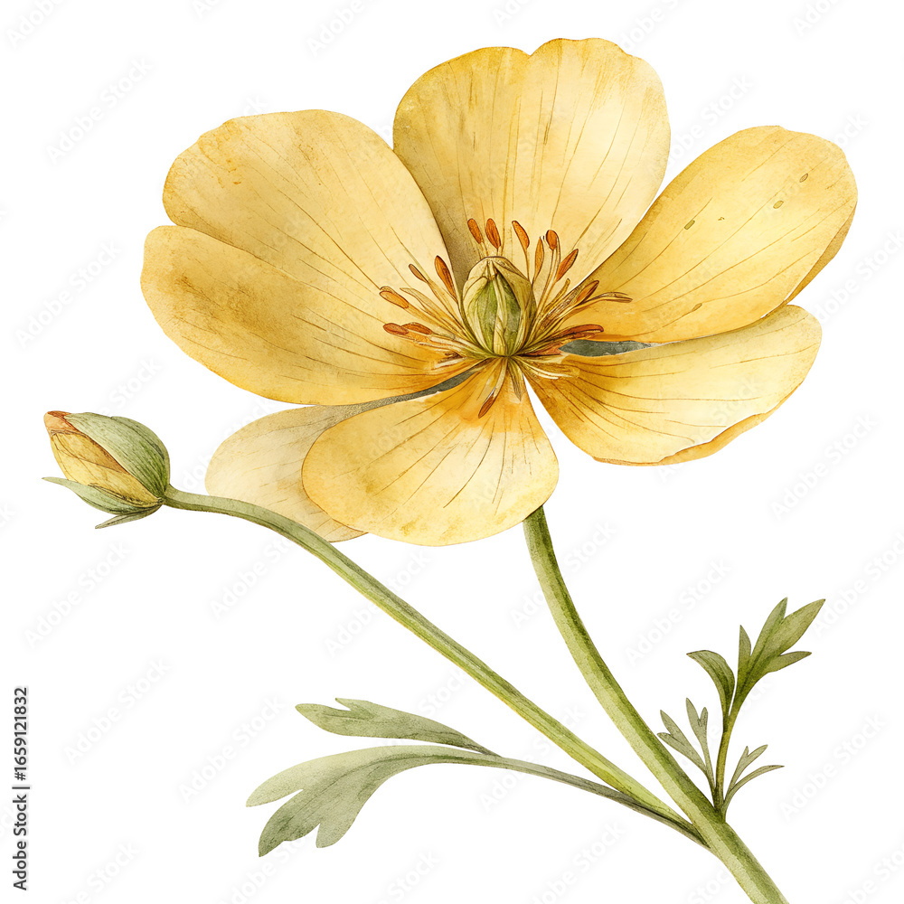 Obraz premium Watercolor Delicate pressed yellow flower isolated on transparent background