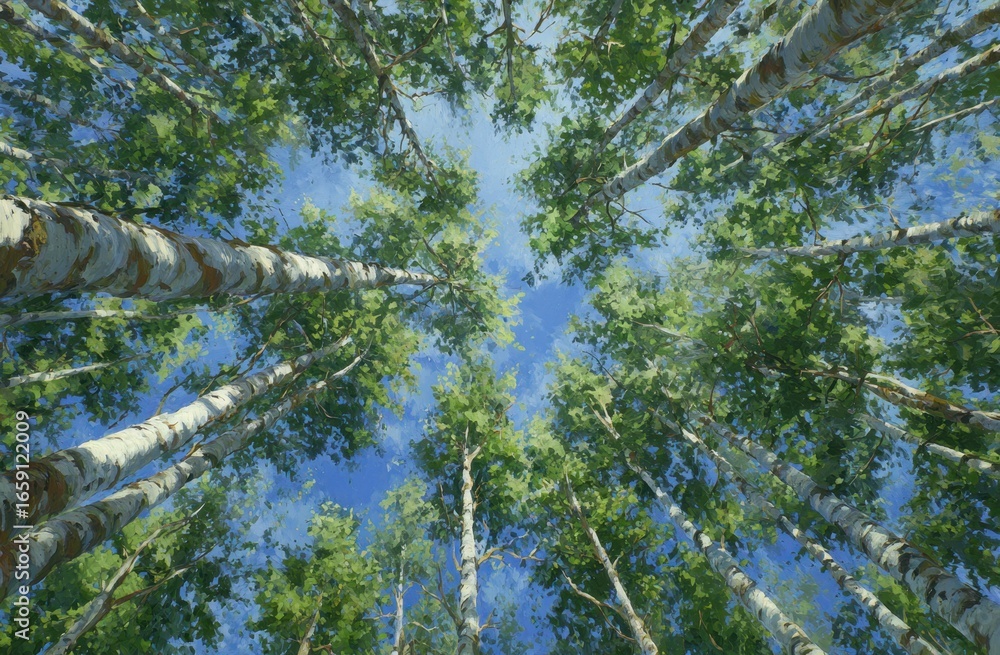 Fototapeta premium Looking Up Through a Dense Canopy of Green Leaves and Branches Towards a Bright Blue Sky