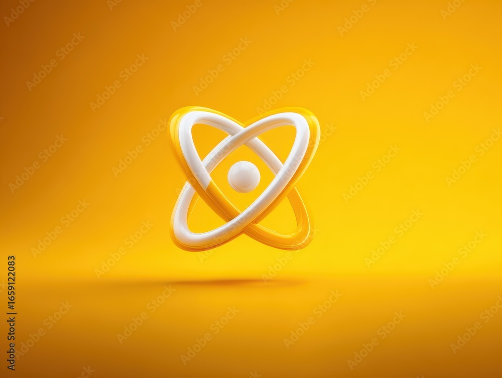 Obraz premium A bright, vibrant, 3D model of an atom, with yellow and white intersecting rings, against a vibrant orange backdrop.