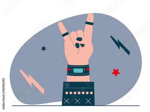 Hands making rock gestures, wearing accessories like bracelets and rings. Rock n' roll vector illustration. Flat illustration concept.