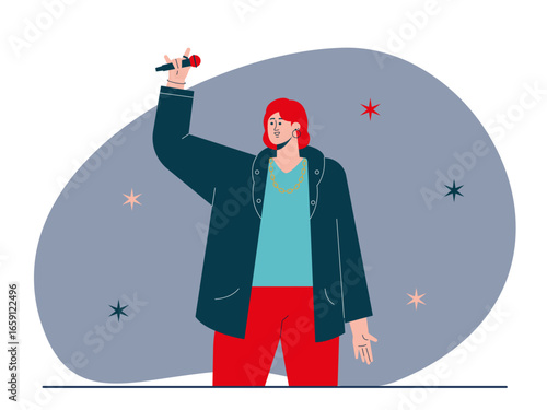Short red haired woman, energetic and stylish impression. Rock n' roll vector illustration. Flat illustration concept.