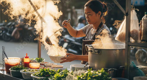 A Vietnamese Vendor Pouring Hot Broth into a Bowl of Pho