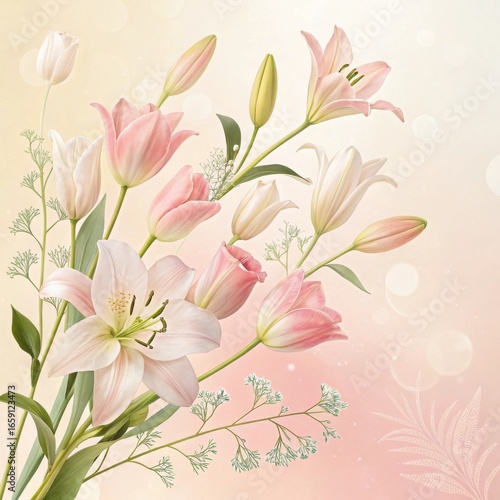 Soft Pastel Floral Arrangement with Lilies and Tulips on Background